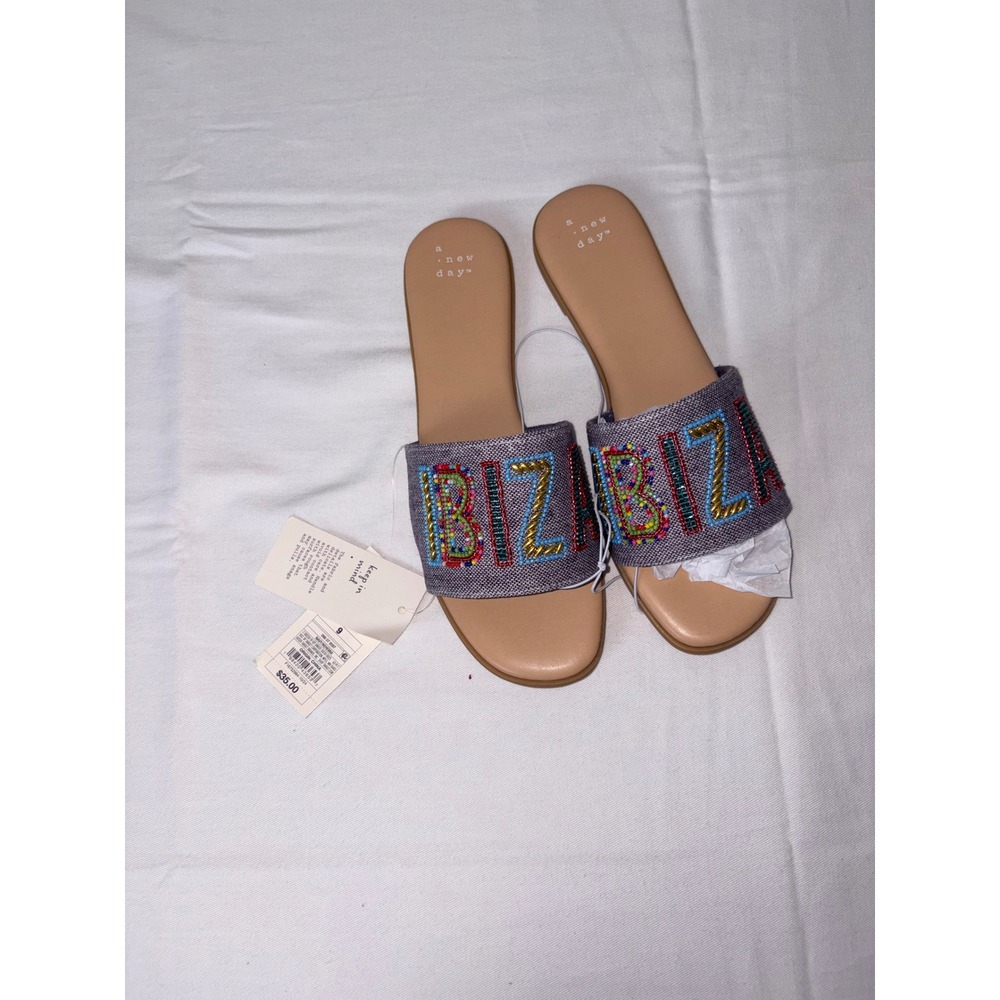 A New Day Women's Beaded ibiza Letter Slide Sandals Tan Brown Size 9